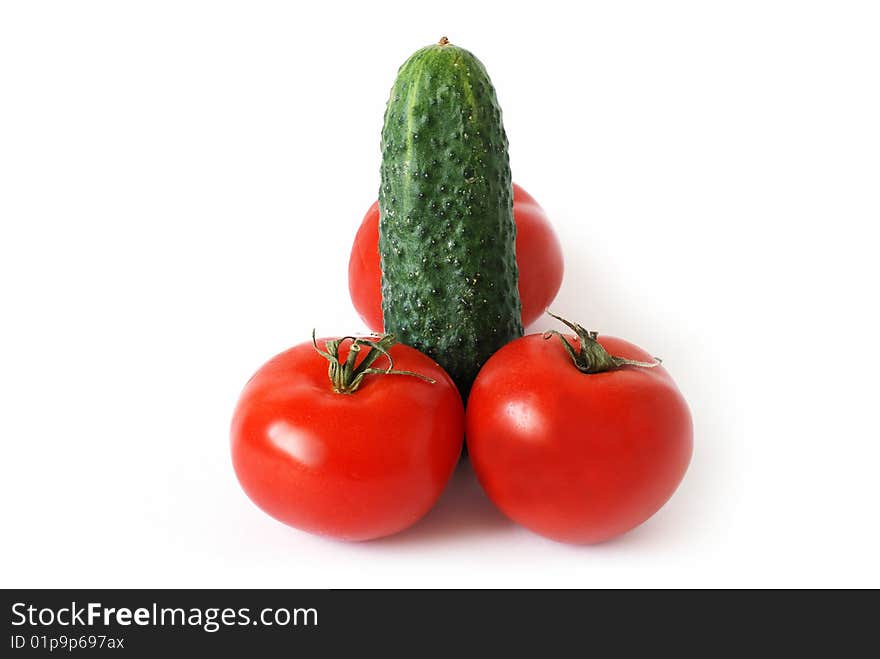 Cucumber and tomato isolated on white background