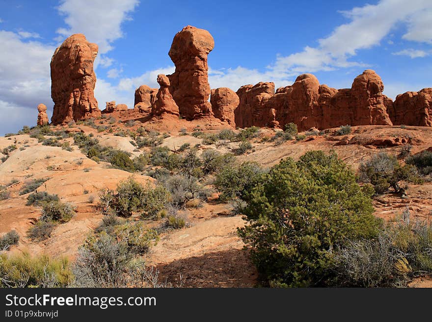 USA, Arches - Mushroom rock formations horizontal. USA, Arches - Mushroom rock formations horizontal