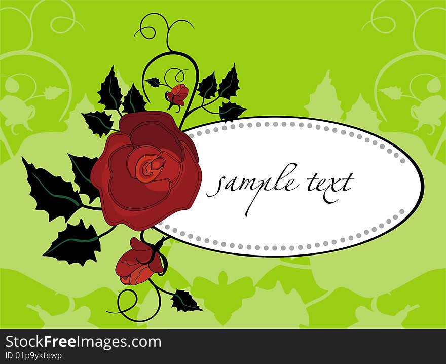 Vector drawing of an art frame with rose on the bright green background