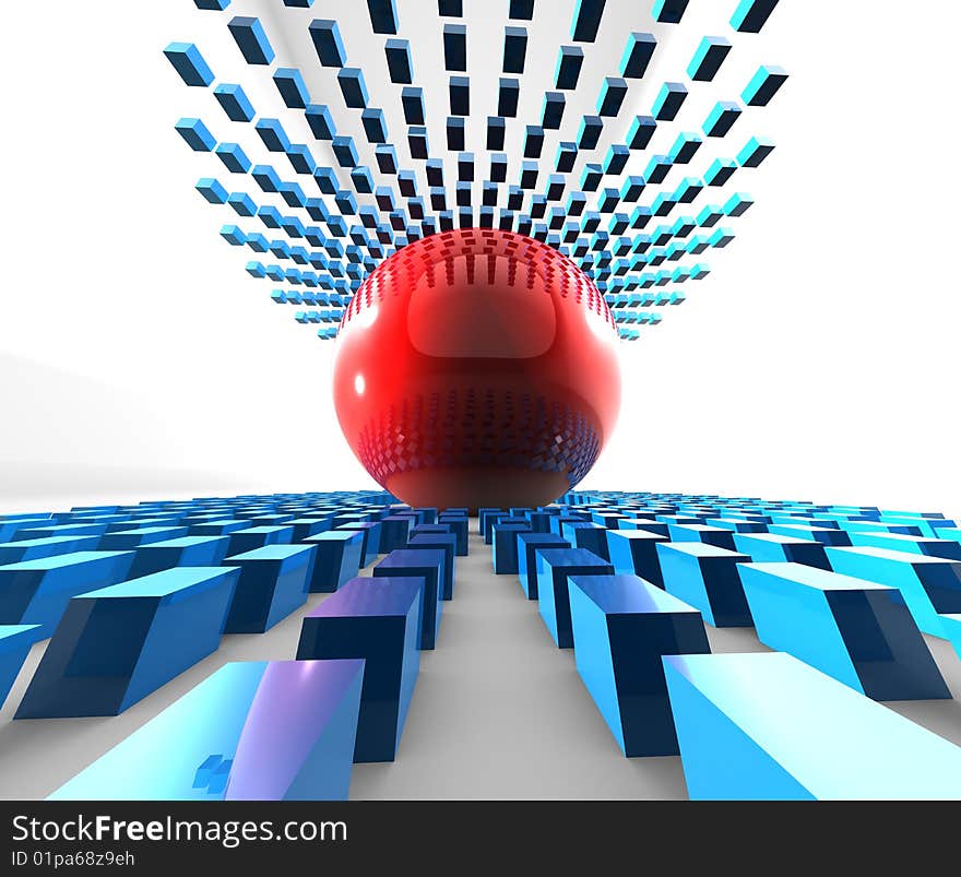 Red Ball with blue cubes on white background. Red Ball with blue cubes on white background