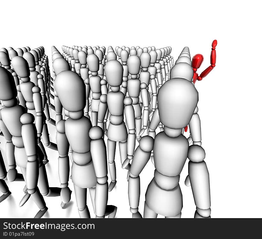 Red figure standing out of crowd. Red figure standing out of crowd