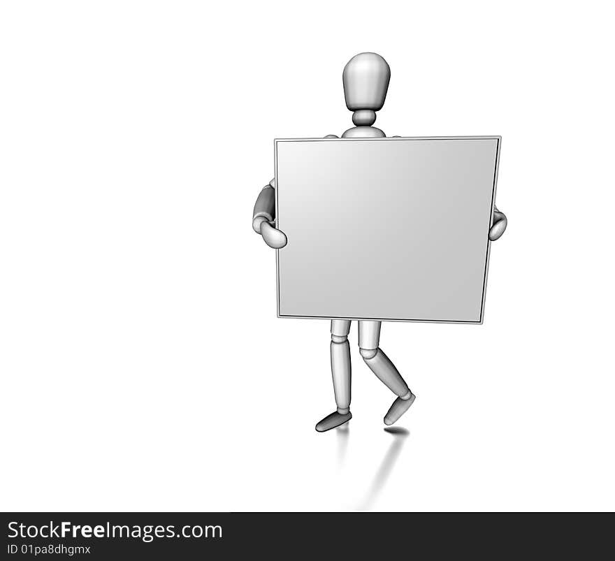 Figure holding sign on white background. Figure holding sign on white background