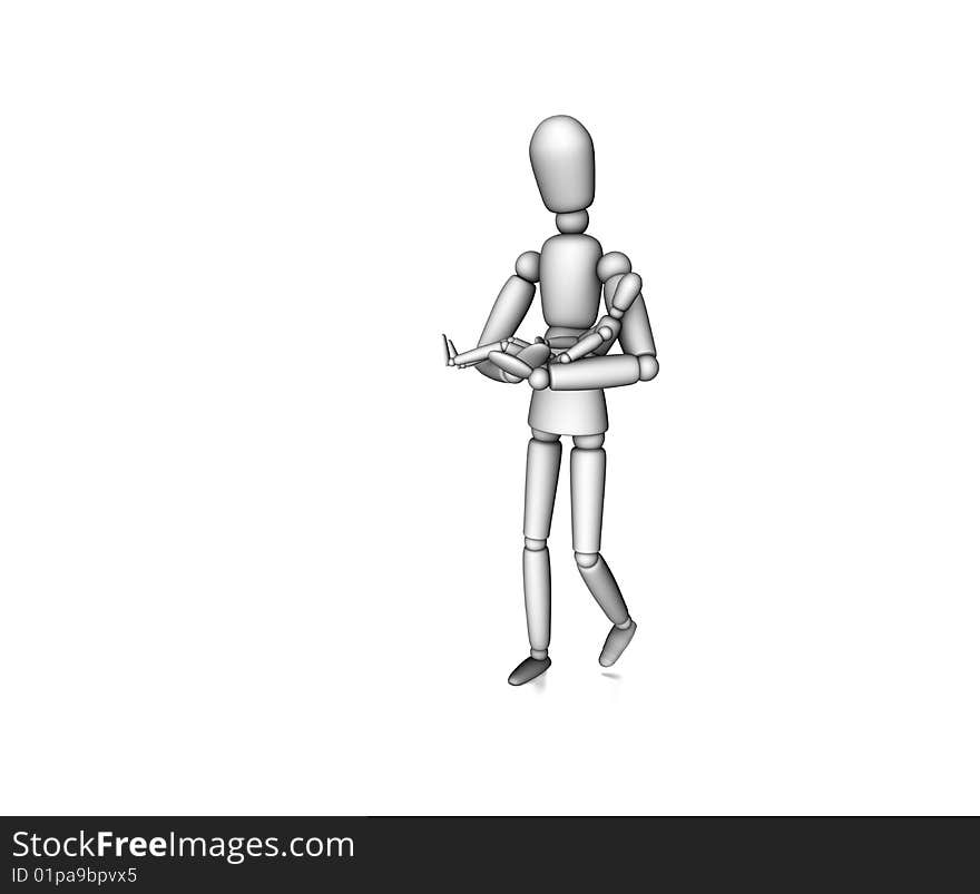 Figure walking and holding baby. Figure walking and holding baby