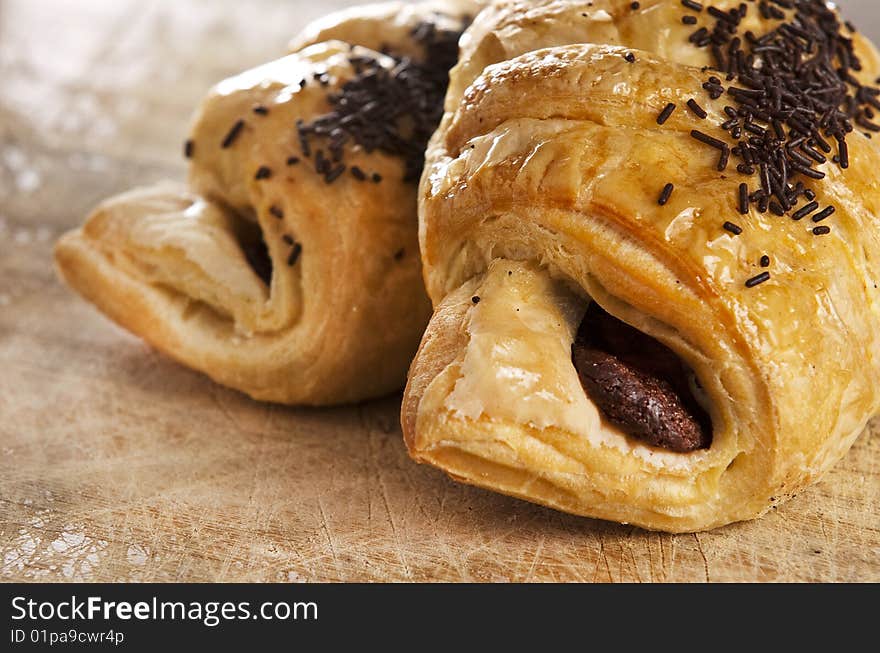 A couple of delicious chocolate croissants