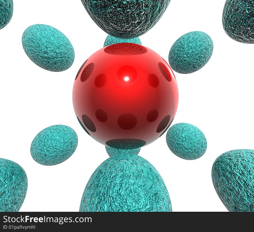 Red ball in white space and green balls. Red ball in white space and green balls