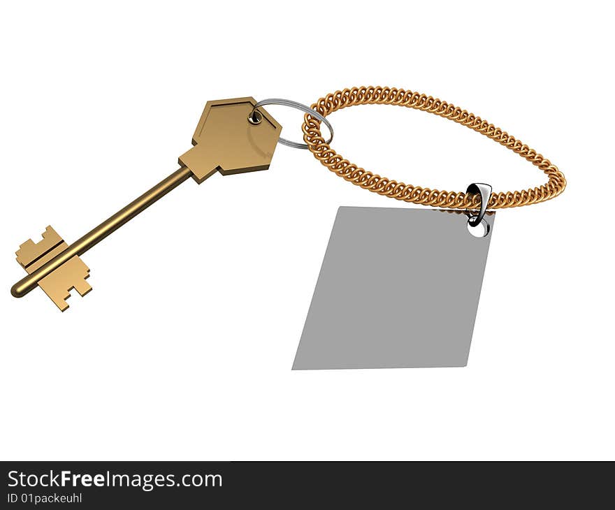 Metallic key with key ring on golden chain. Metallic key with key ring on golden chain