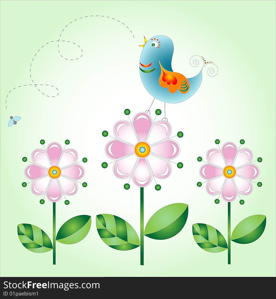 Bird on flowers, vector illustration