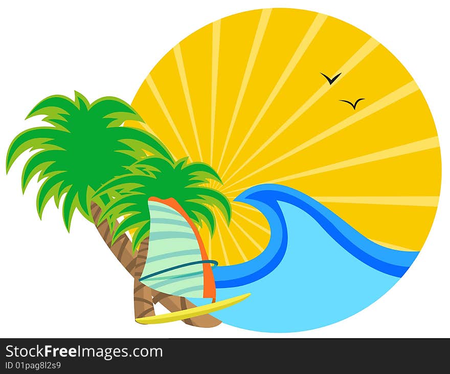 Vector illustration of insignia with Sunrise on the tropical ocean coast. Vector illustration of insignia with Sunrise on the tropical ocean coast