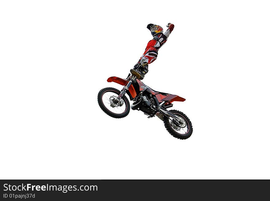 Motocross rider performing dangerous jumps with his bike isolated on white. Motocross rider performing dangerous jumps with his bike isolated on white.