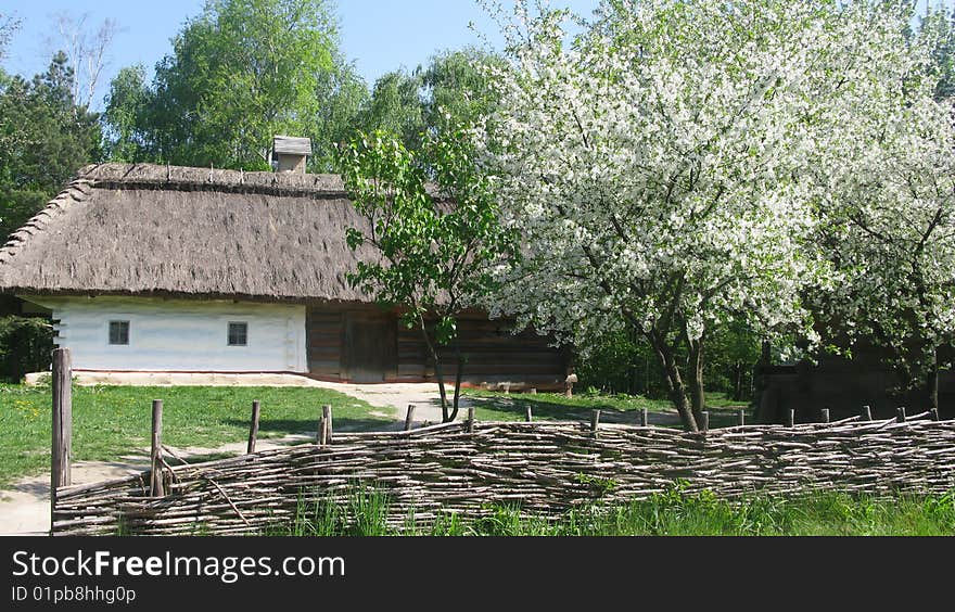 Country. Ukrainian country. Wooden house. Wattled