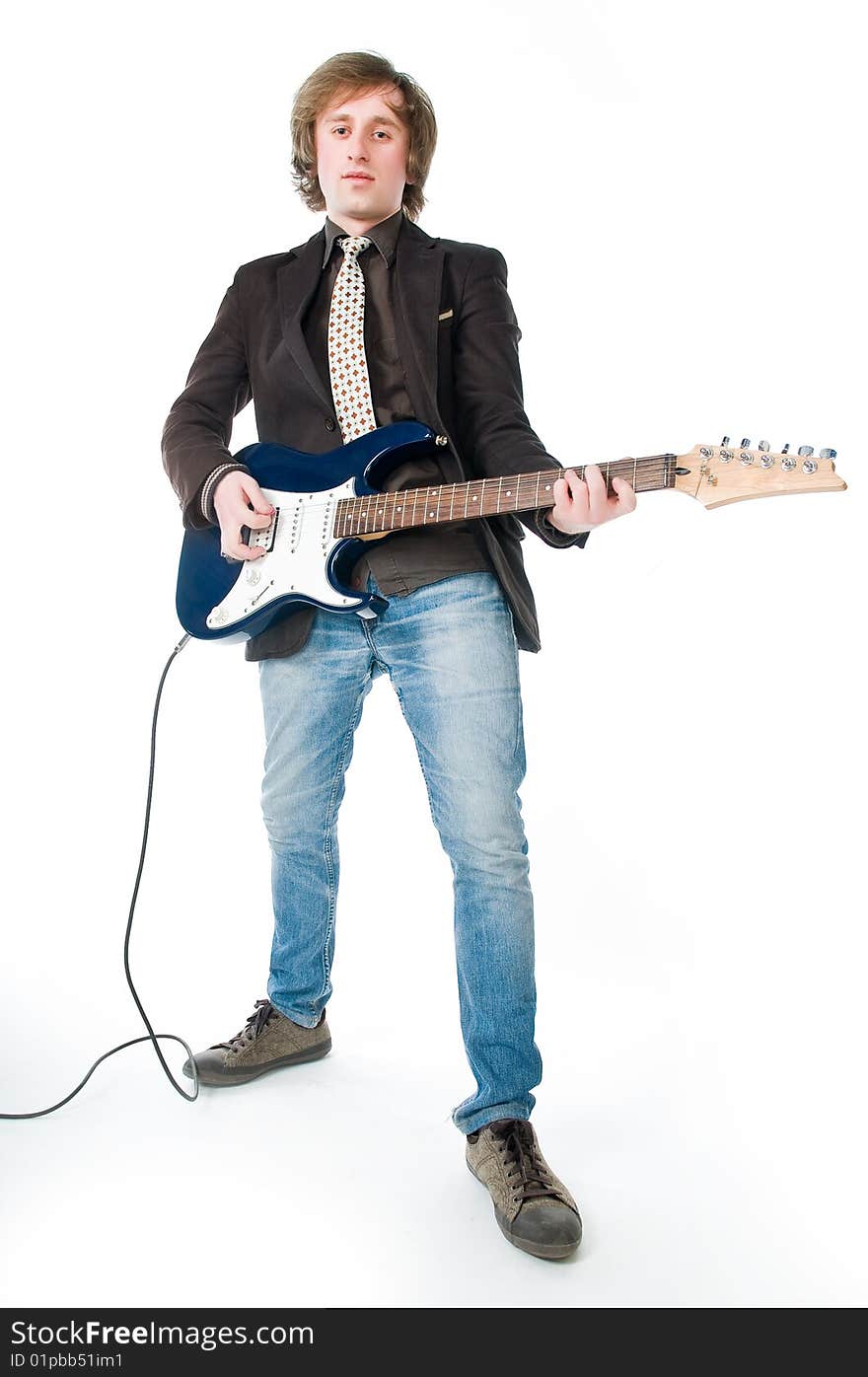 Man playing electro guitar, isolated on white background