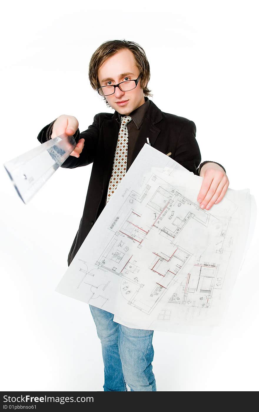 Young architect with sketch and ruler