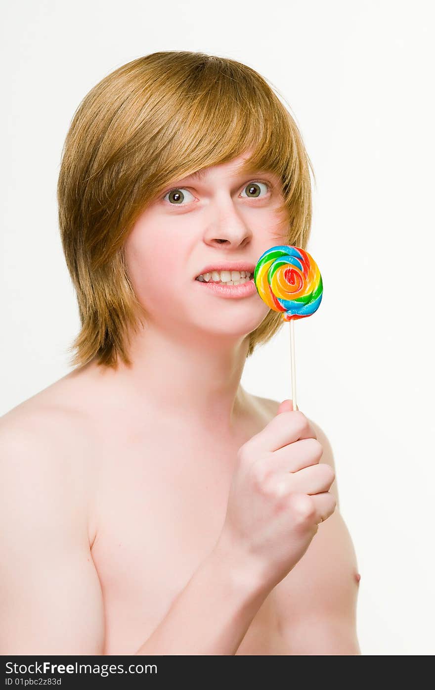 Funny man with lollipop, isolated on white background