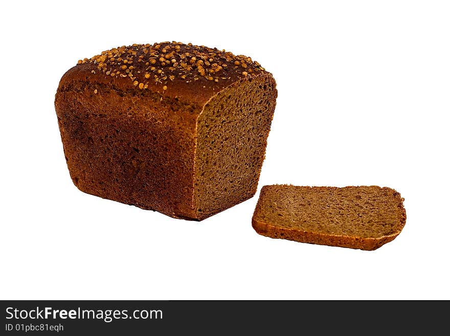 Rye bread of a rough grinding. It is isolated without shades on a white background. Studio light.