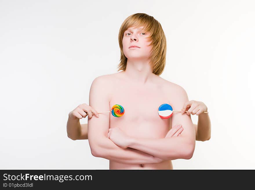 Red-haired man with lollipops, isolated on white background