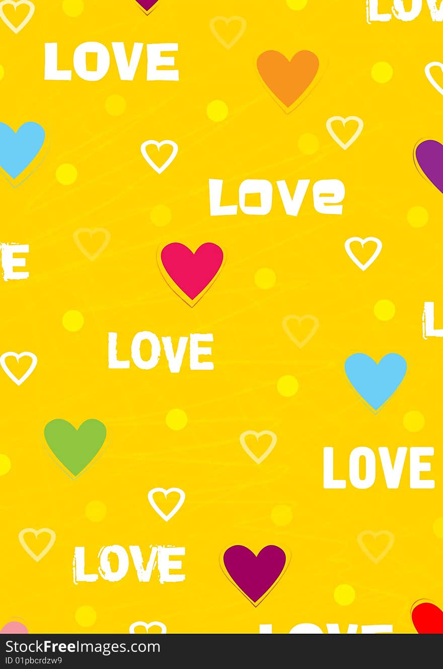 Colour background with hearts, circles and text,  illustration