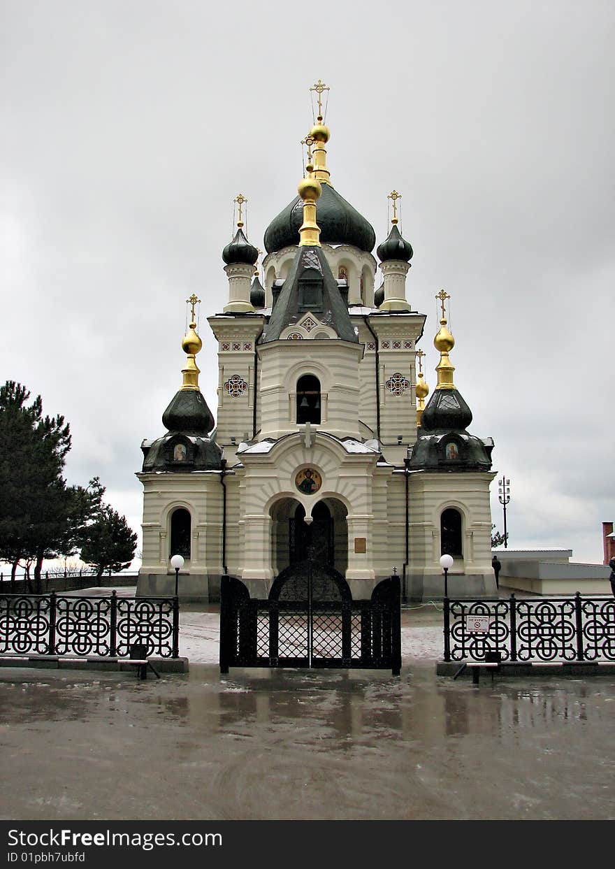 Church in mountains ashore exterminating in Crimea. city Foros