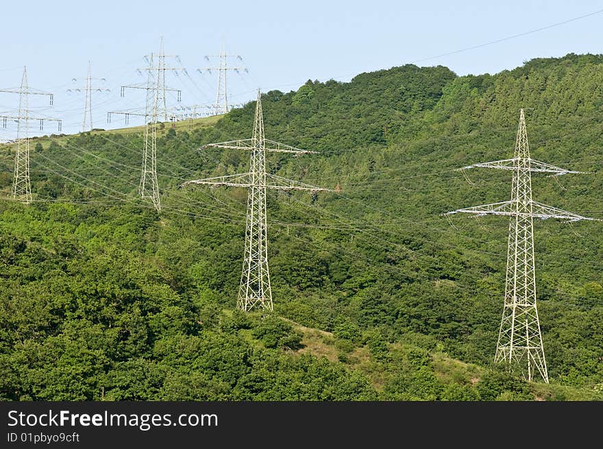 High voltage electricity pylons, wires. High voltage electricity pylons, wires