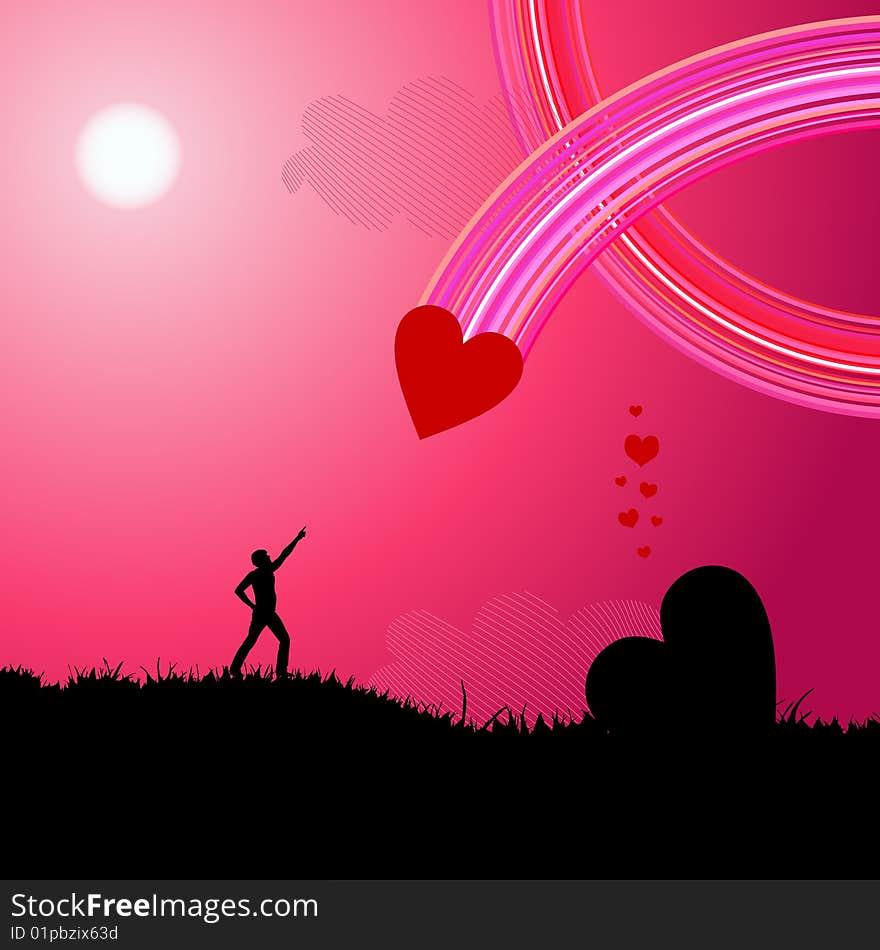 Pink landscape, love, vector illustration