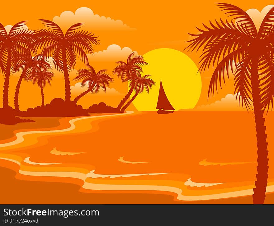 Beautiful a bright landscape on the summer beach with palm trees