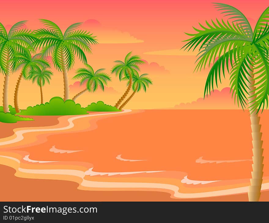 Beautiful a bright landscape on the summer beach with palm trees