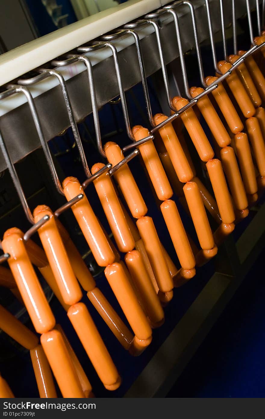 Holder with sausage on conveying machine beltline in food industry