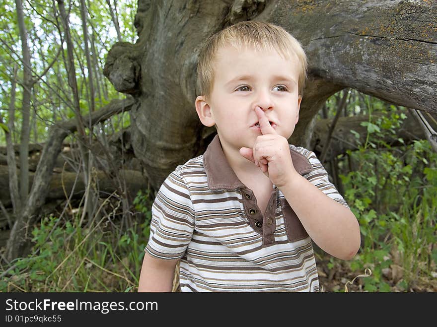 Boy playing hide and seek in forested park