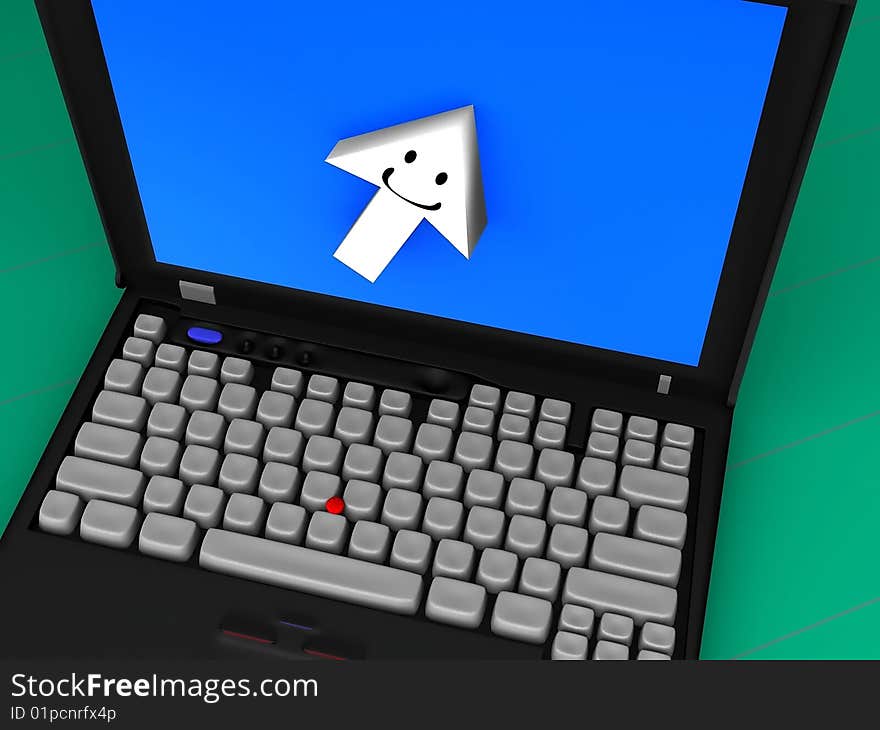 A mouse arrow browsing on a blue screen of a laptop. A mouse arrow browsing on a blue screen of a laptop