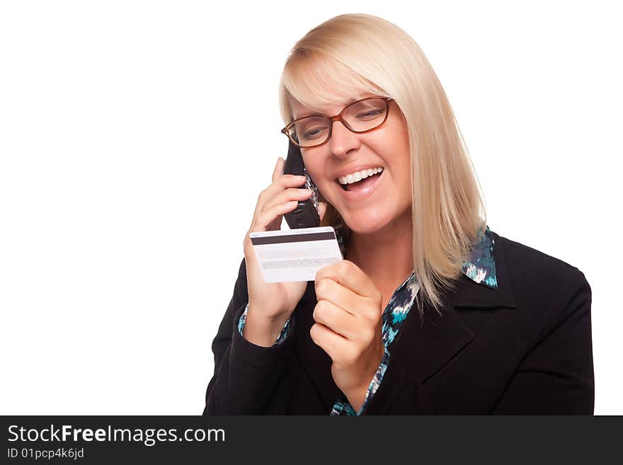 Beautiful Blonde Woman with Phone and Credit Card Isolated on a White Background.