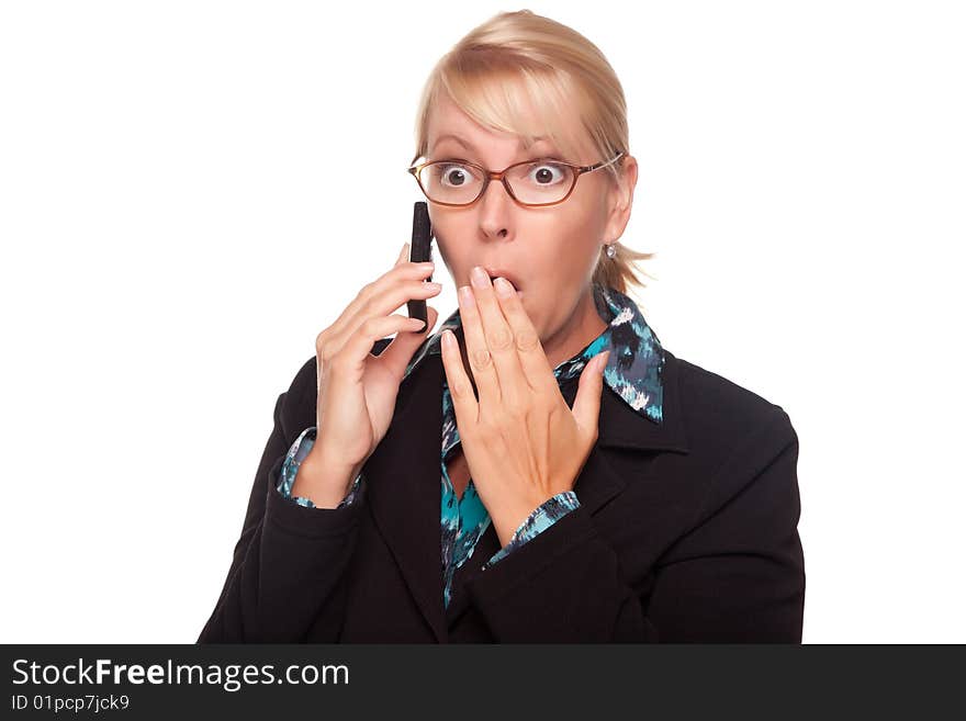 Shocked Blonde Woman on Cell Phone Isolated on a White Background.