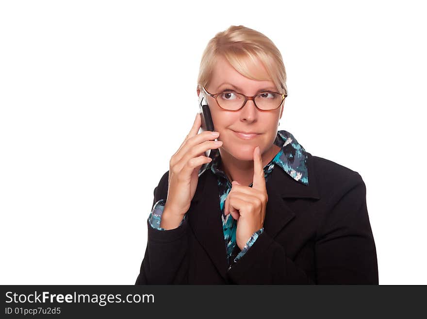 Intrigued Blonde Woman Using Phone Isolated on a White Background.