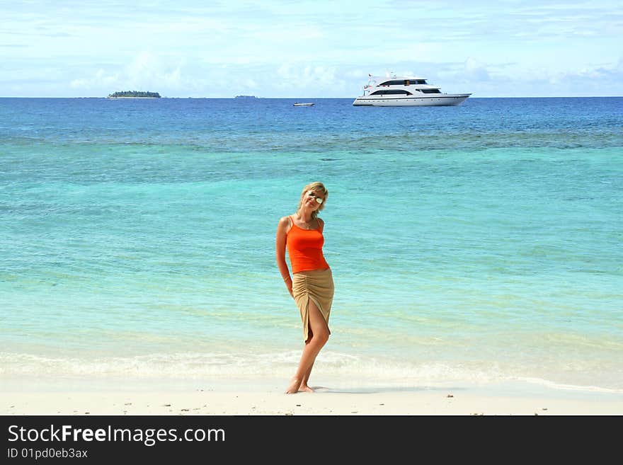 Happy Girl On Tropical Island Beach