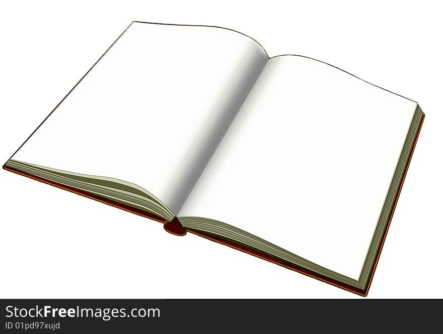 Computer generated opened book with blank pages is over white