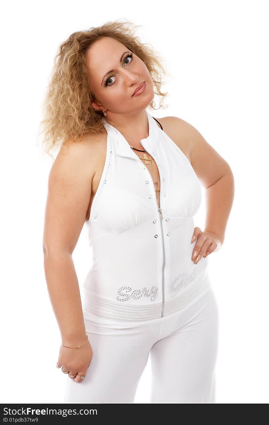 Middleaged woman posing on white background