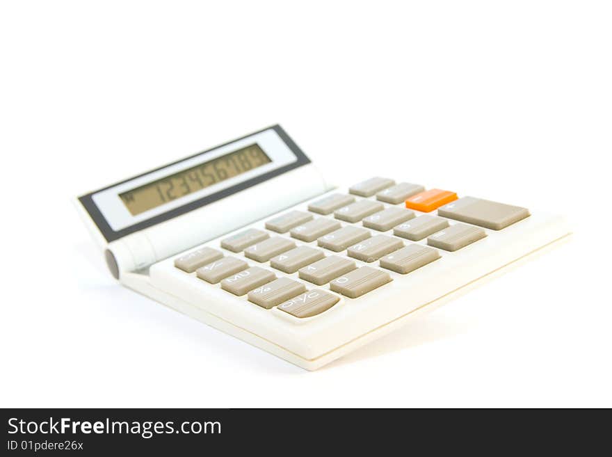 White calculator with white and orange buttons on a white background