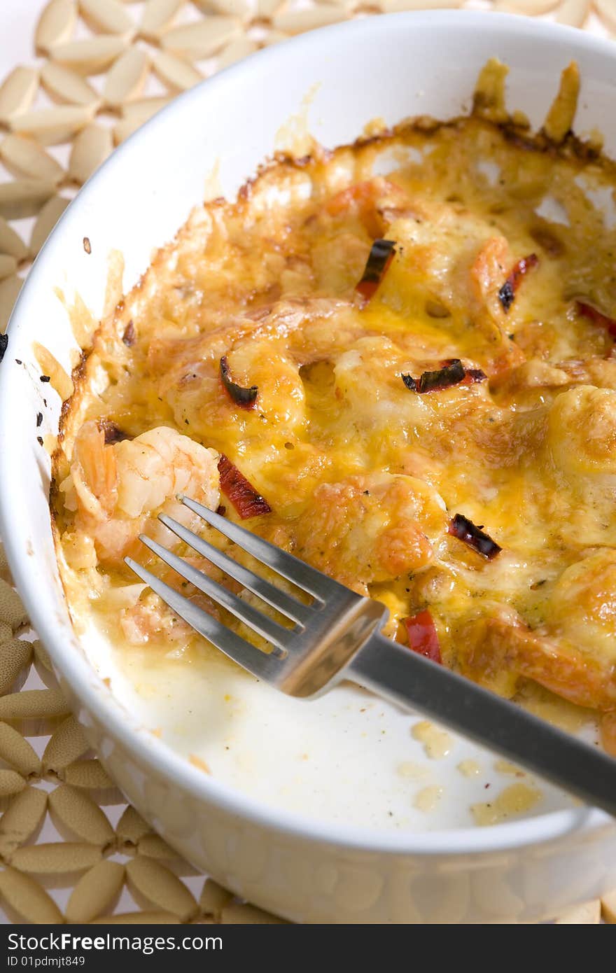 Baked prawns in fry pan. Baked prawns in fry pan