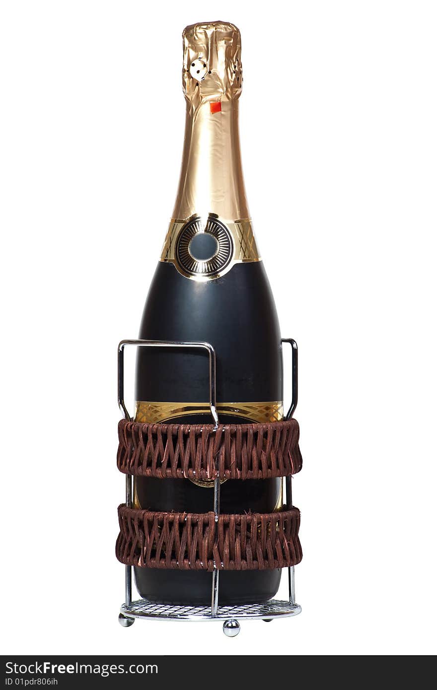 Champagne bottle in a support isolated on a white background