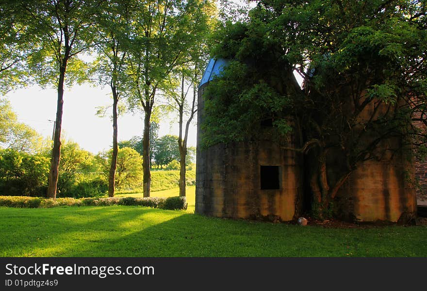 Landscape with green field and a old building