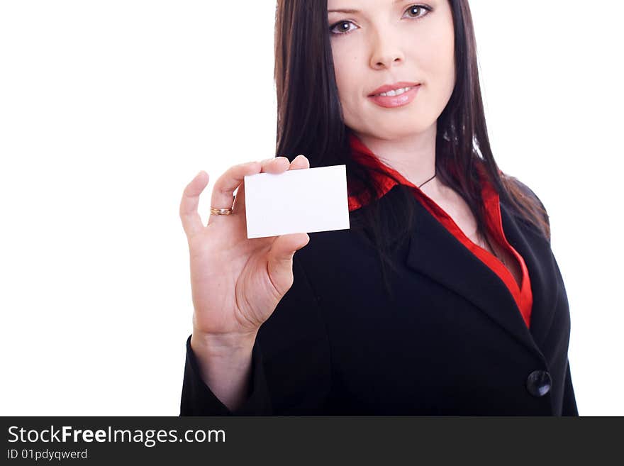 Closeup of young woman with card. Closeup of young woman with card