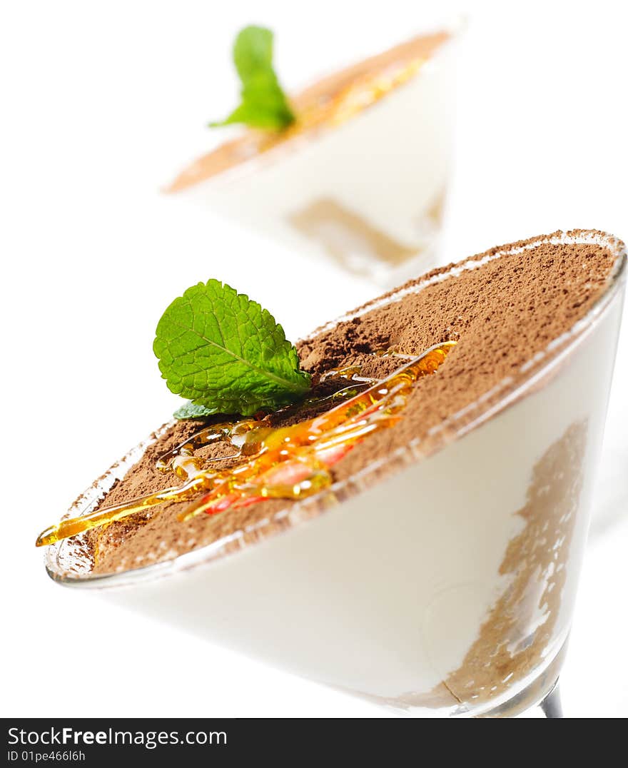 Tiramisu Dessert in a Glass with Mint and Strawberry