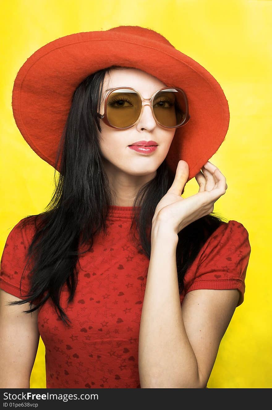 Vintage Woman In Sunglasses And Red Hat