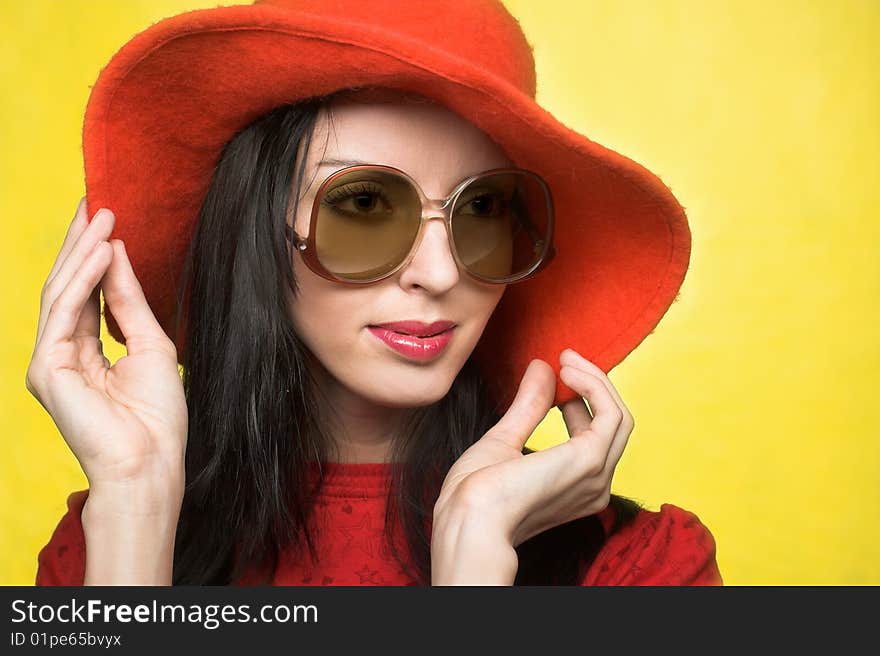 Vintage Woman In Sunglasses And Red Hat