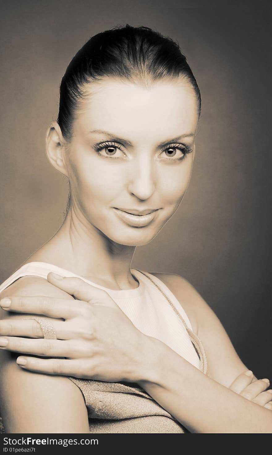 Black and white potrait of young smiling brunette. Black and white potrait of young smiling brunette