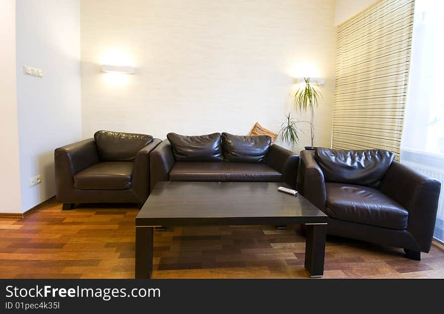 Interior of a modern home with hardwood floor and brown leather sofas.