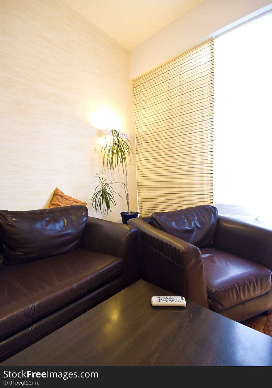 Interior of a modern home with hardwood floor and brown leather sofas.