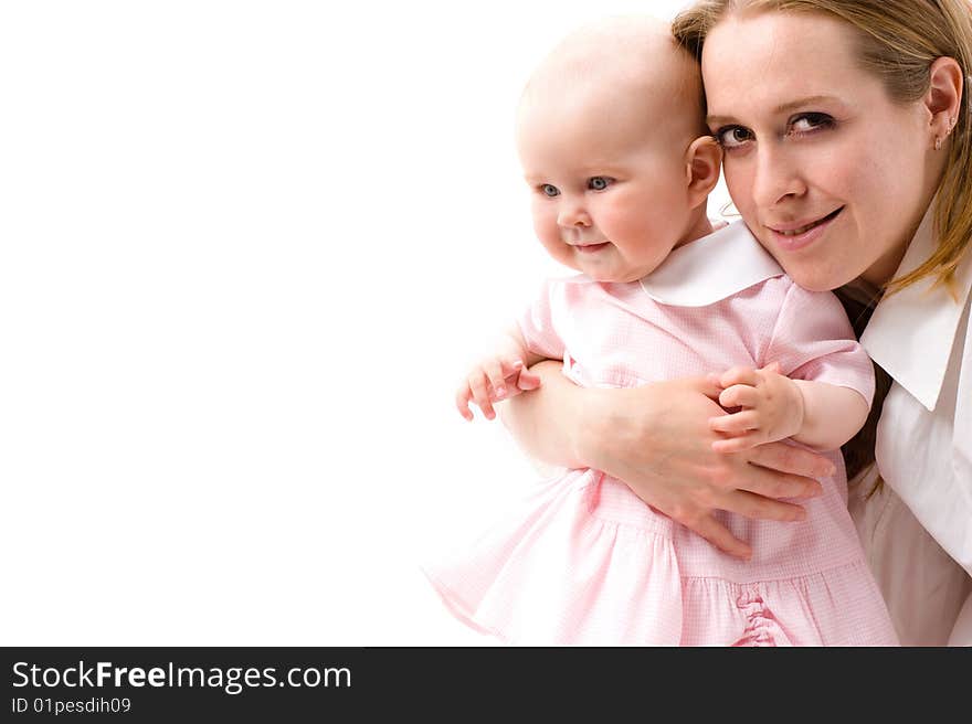 Portrait of mother holding a young baby. Isolated on white background.