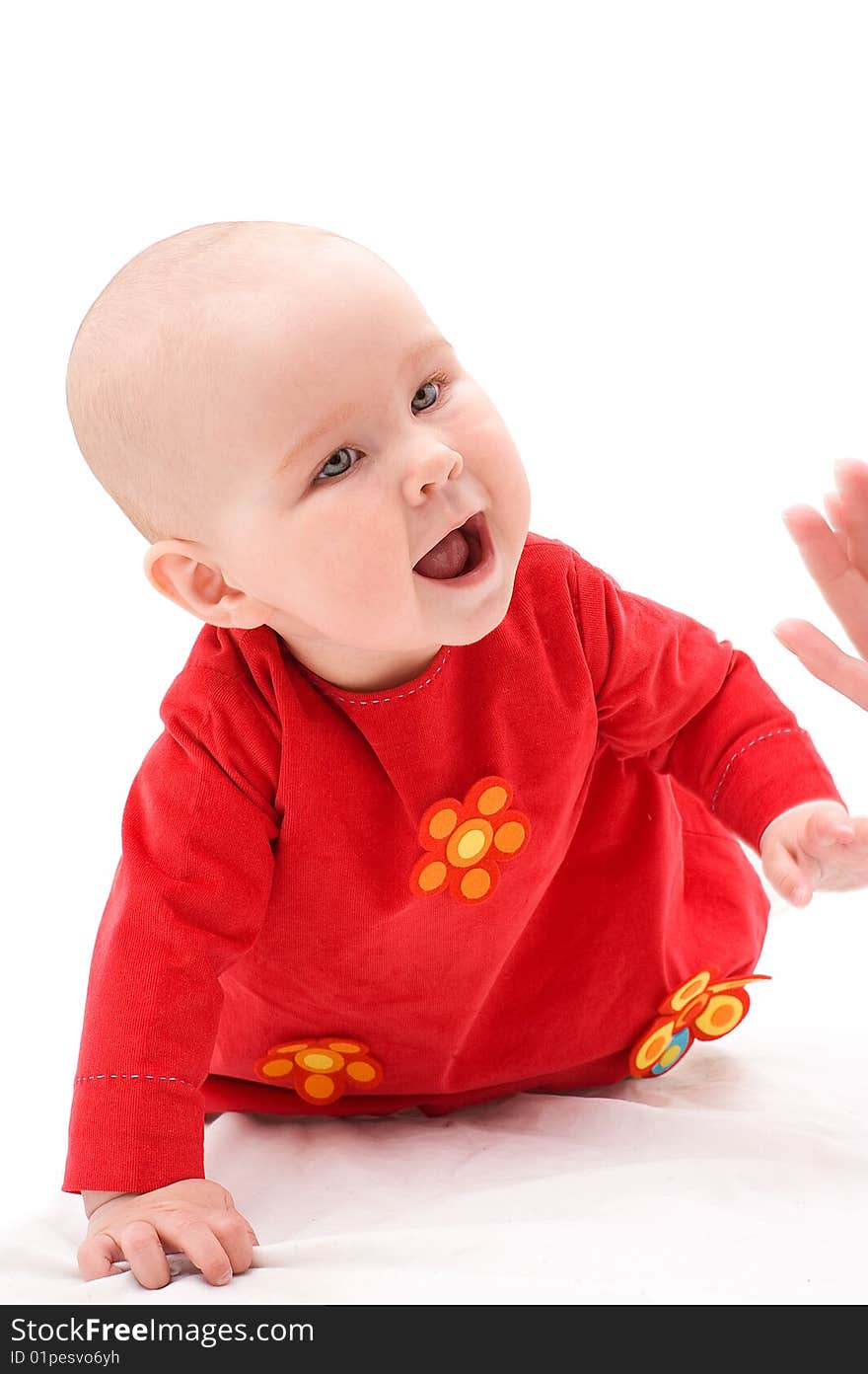 Cute happy baby girl on white background