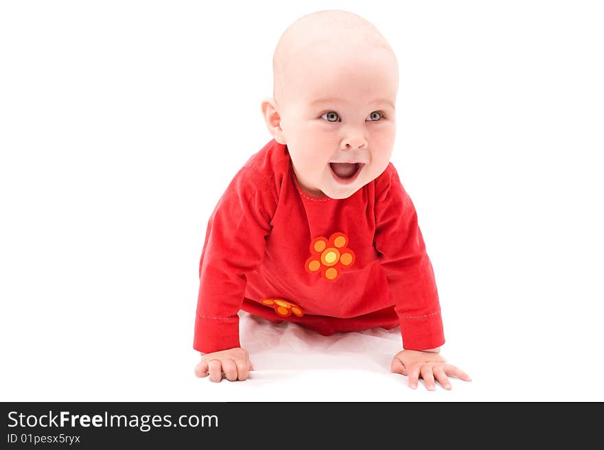 Cute happy baby girl on white background