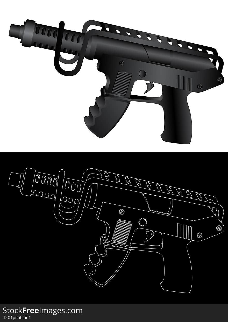 Vector isolated image of guns on white and black background.