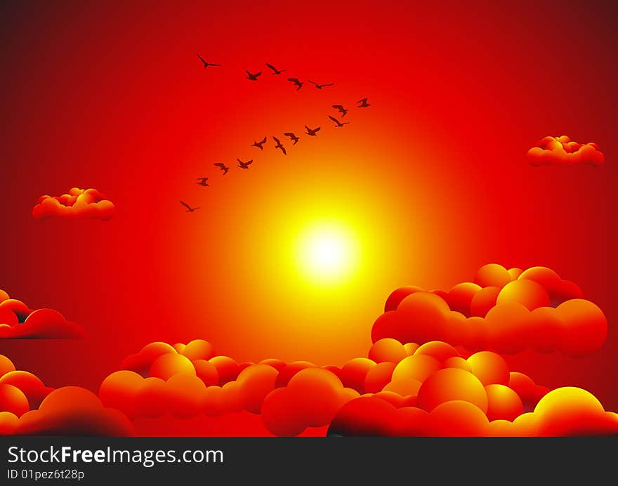 Flock in the sunset, vector illustration, AI file included